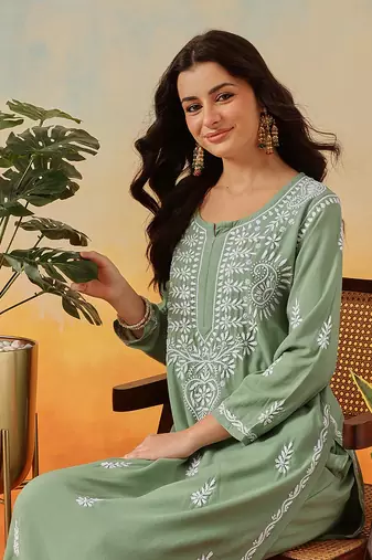 Hand Embroidered Sage Green Rayon Lucknowi Chikankari Indian Co-Ord Set For Womens