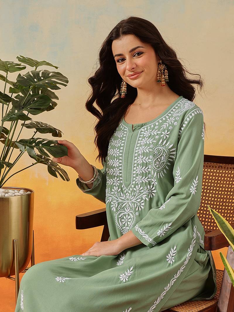 Hand Embroidered Sage Green Rayon Lucknowi Chikankari Indian Co-Ord Set For Womens