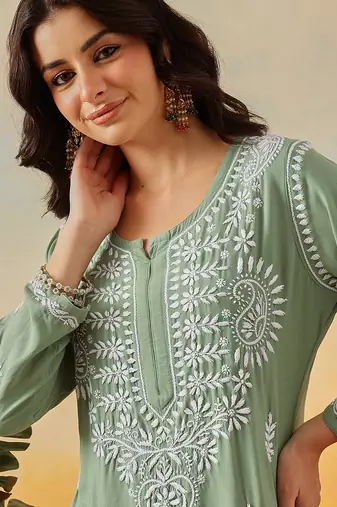 Hand Embroidered Sage Green Rayon Lucknowi Chikankari Indian Co-Ord Set For Womens