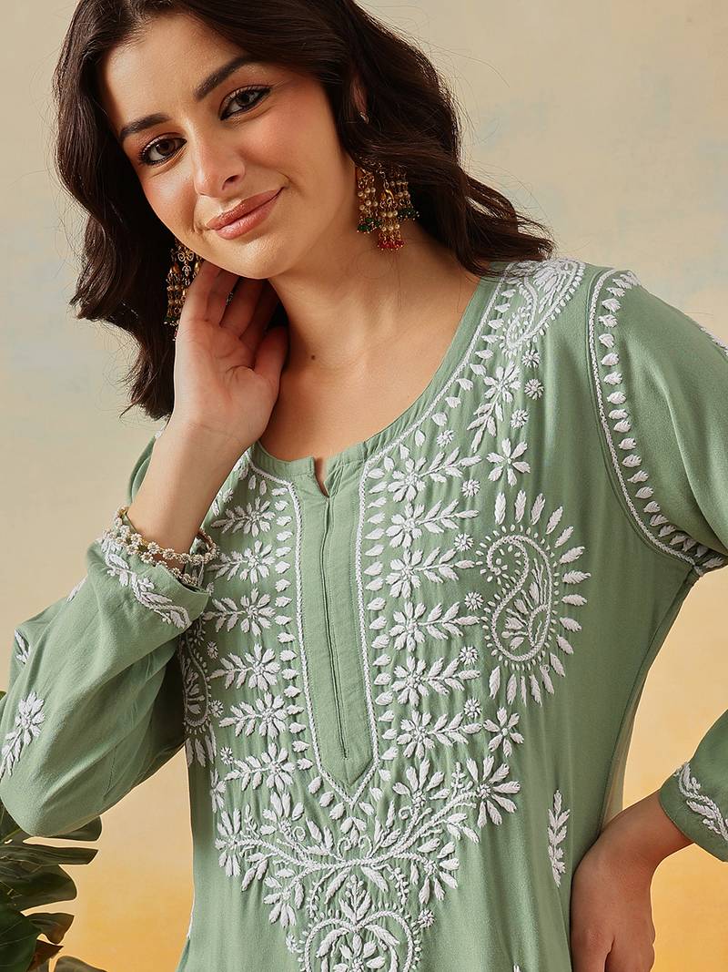 Hand Embroidered Sage Green Rayon Lucknowi Chikankari Indian Co-Ord Set For Womens