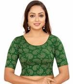 Bottel Green Cotton Lycra Fully Stretchable Round Neck Readymade Blouse With Half Sleeve