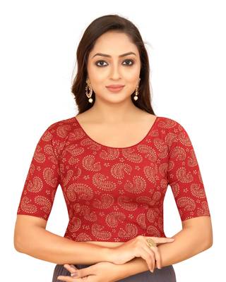 Red Cotton Lycra Fully Stretchable Round Neck Readymade Blouse With Half Sleeve 1