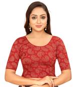 Red Cotton Lycra Fully Stretchable Round Neck Readymade Blouse With Half Sleeve