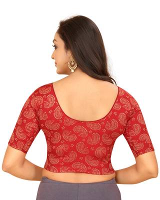 Red Cotton Lycra Fully Stretchable Round Neck Readymade Blouse With Half Sleeve 2