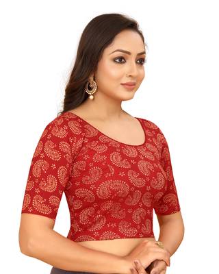 Red Cotton Lycra Fully Stretchable Round Neck Readymade Blouse With Half Sleeve 3