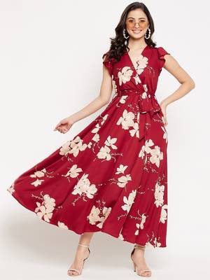 Winered women maroon floral printed butterfly sleeve belted dress 1