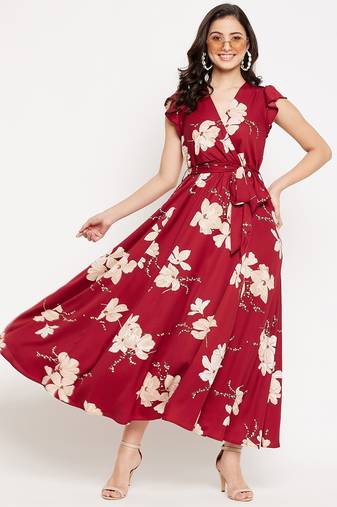 Winered women maroon floral printed butterfly sleeve belted dress