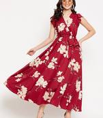 Winered women maroon floral printed butterfly sleeve belted dress