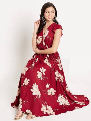 Winered women maroon floral printed butterfly sleeve belted dress 2
