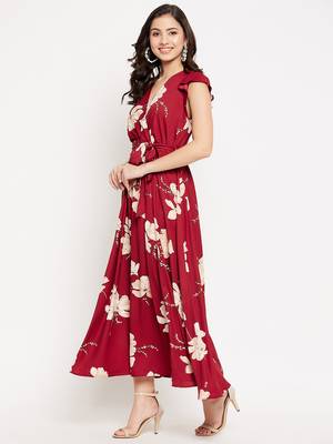 Winered women maroon floral printed butterfly sleeve belted dress 3