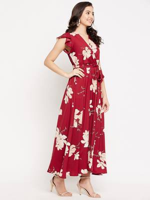 Winered women maroon floral printed butterfly sleeve belted dress 4