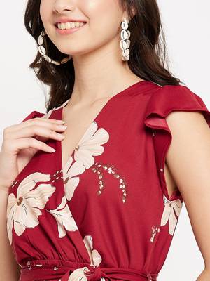 Winered women maroon floral printed butterfly sleeve belted dress 5