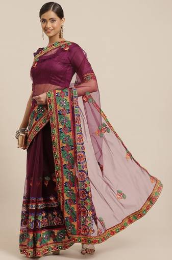 Riva enterprise women's net  traditional embroidered  and mirror work saree with blouse