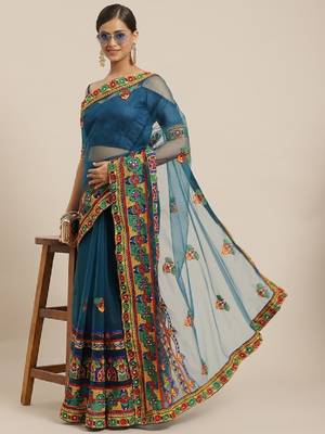 Riva enterprise women's net  traditional embroidered  and mirror work saree with blouse 1