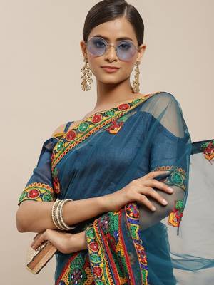 Riva enterprise women's net  traditional embroidered  and mirror work saree with blouse 2