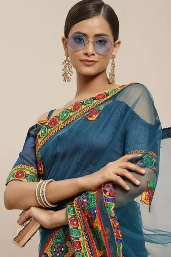 Riva enterprise women's net  traditional embroidered  and mirror work saree with blouse