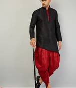 Lemonx Silk Black Maroon Asymmetric Kurta Dhoti Set For Men