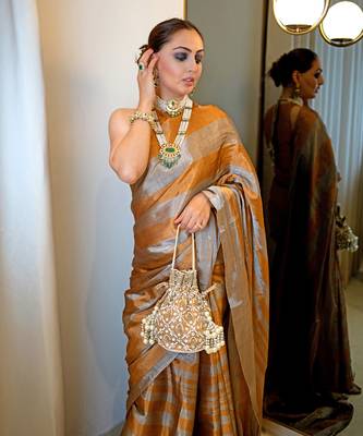Dark gold zari tissue saree set 4