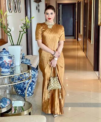 Dark gold zari tissue handwoven saree set 1