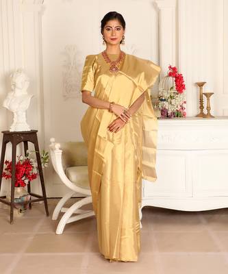 Gold handwoven zari tissue saree set 1