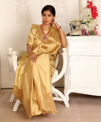 Gold handwoven zari tissue saree set 5