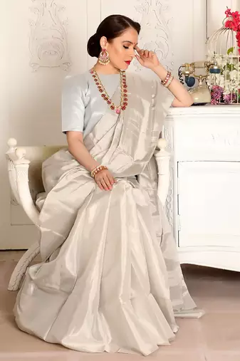 Silver handwoven zari tissue handwoven saree set