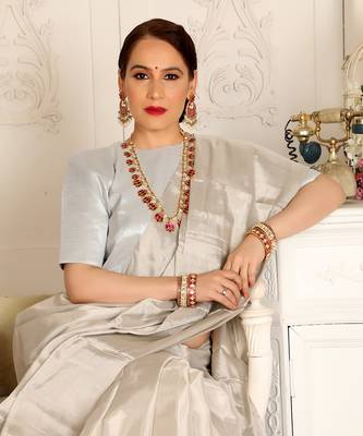 Silver handwoven zari tissue handwoven saree set 5