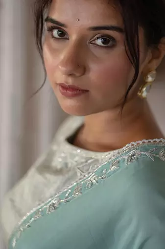 Silver and mint silver tissue saree set