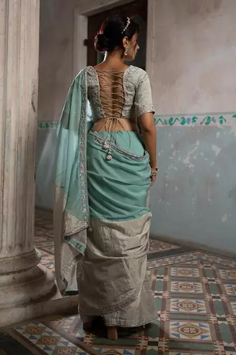 Silver and mint silver tissue saree set