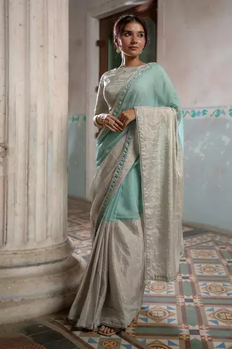 Silver and mint silver tissue saree set