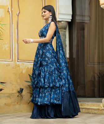 Midnight blue ruffle saree with blouse 2