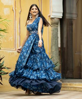 Midnight blue ruffle saree with blouse 3