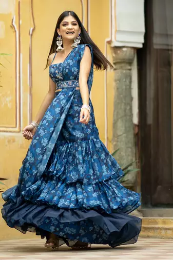 Midnight blue ruffle saree with blouse