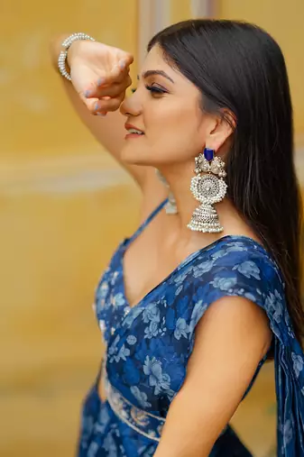 Midnight blue ruffle saree with blouse