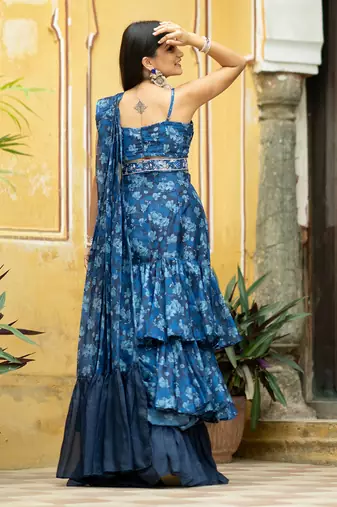 Midnight blue ruffle saree with blouse