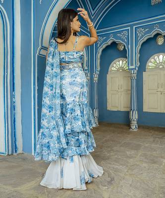 Seashell cream ruffle saree with blouse 5