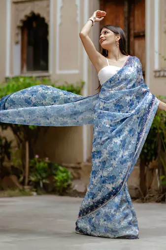Noori blue ready saree with blouse