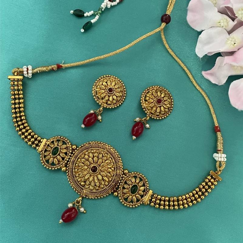 Gold plated choker necklace earring set floral design red green