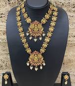 Gold plated long & choker necklace with earrings laxmi design pendant with pearl for women(set of 2)