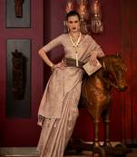 Cream Color Handloom Weaving Silk Blend Tradtional Saree