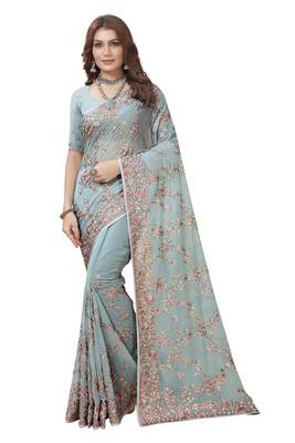 Sea green heavy resham embroidery work georgette party wear with blouse 1