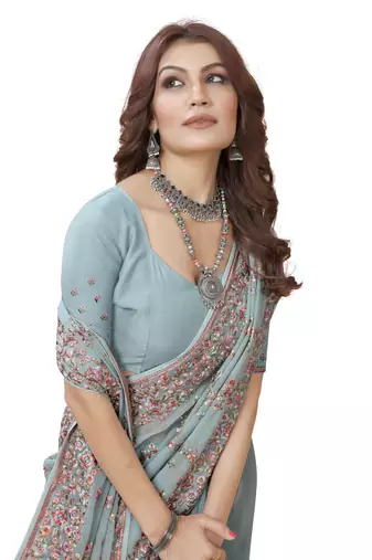 Sea green heavy resham embroidery work georgette party wear with blouse