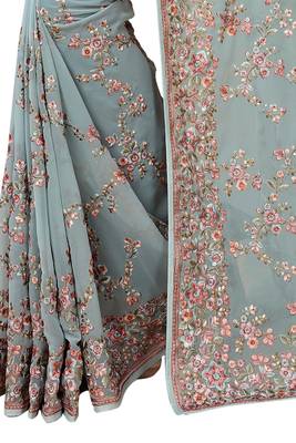 Sea green heavy resham embroidery work georgette party wear with blouse 3