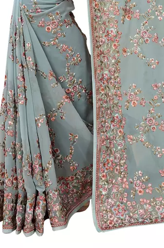 Sea green heavy resham embroidery work georgette party wear with blouse