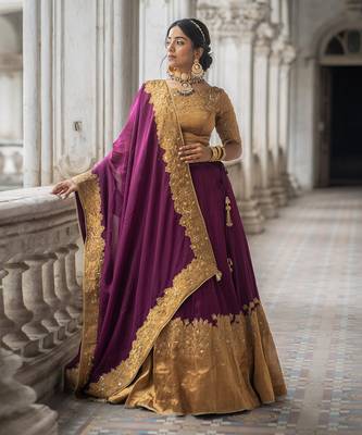 Purple And Dark Gold Tissue Cancan Lehanga Set 1