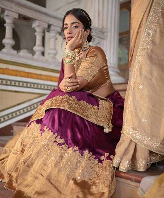 Purple And Dark Gold Tissue Cancan Lehanga Set 2