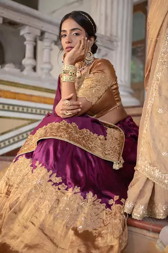 Purple And Dark Gold Tissue Cancan Lehanga Set
