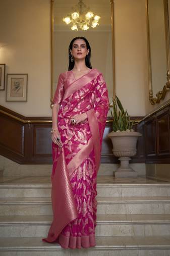 Kimisha women's rani organza woven saree with unstitched blouse piece