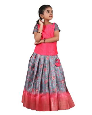  Girls Kalamkari Temple Grey Pattu Pavadai | Langa 1