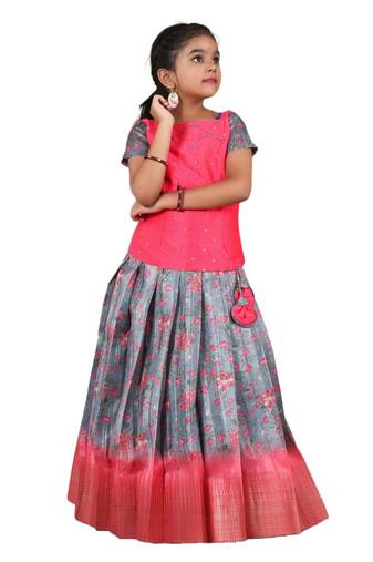 Girls Kalamkari Temple Grey Pattu Pavadai | Langa